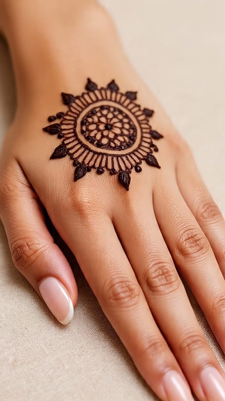 Front hand mehndi with cute circular patterns