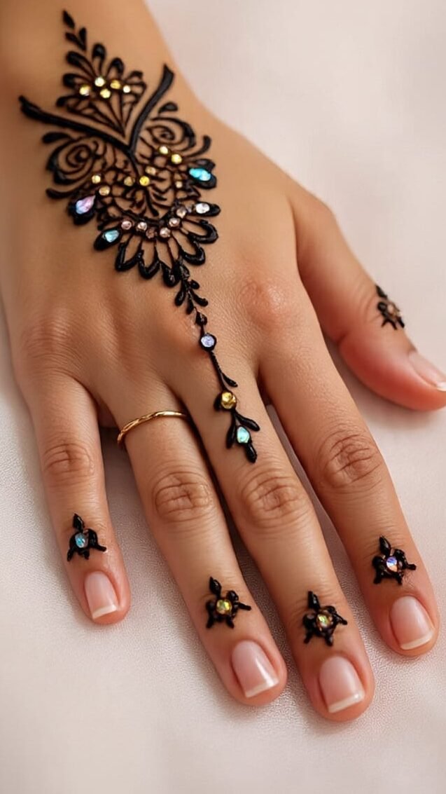 Full hand simple mehndi design for front side with floral and leafy patterns, perfect for brides