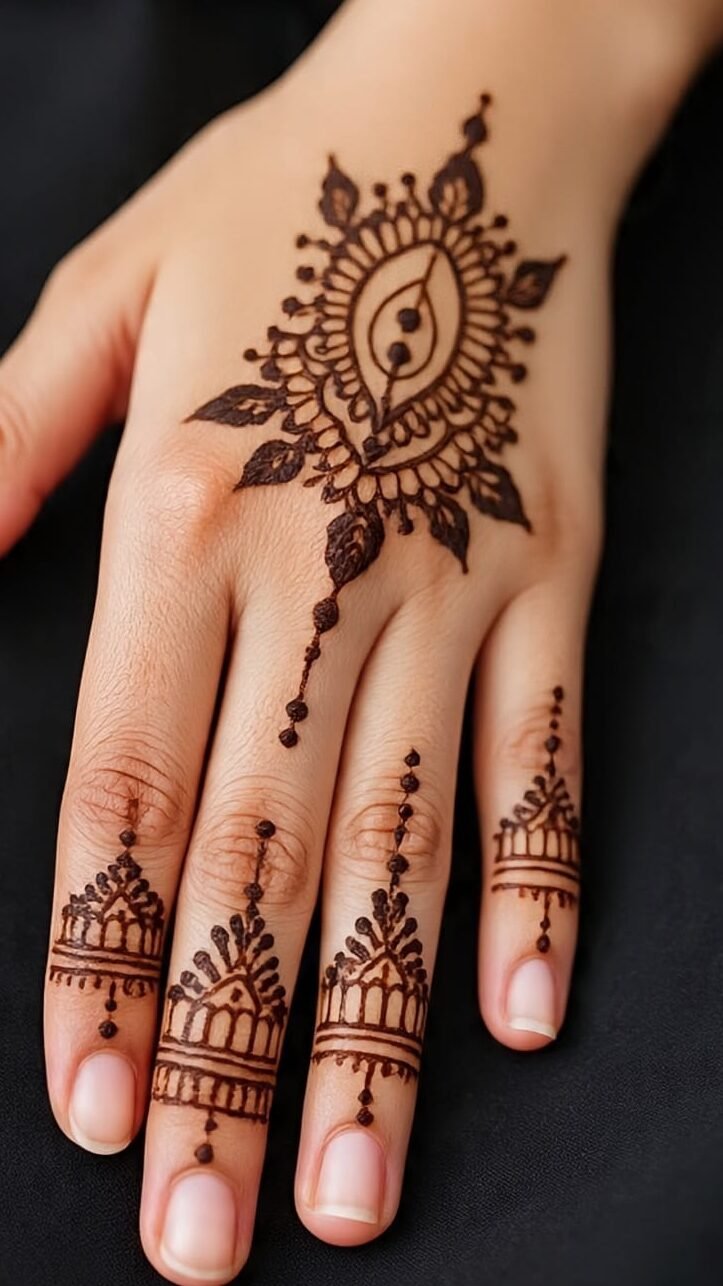 Minimal front hand mehndi design with dots and vines