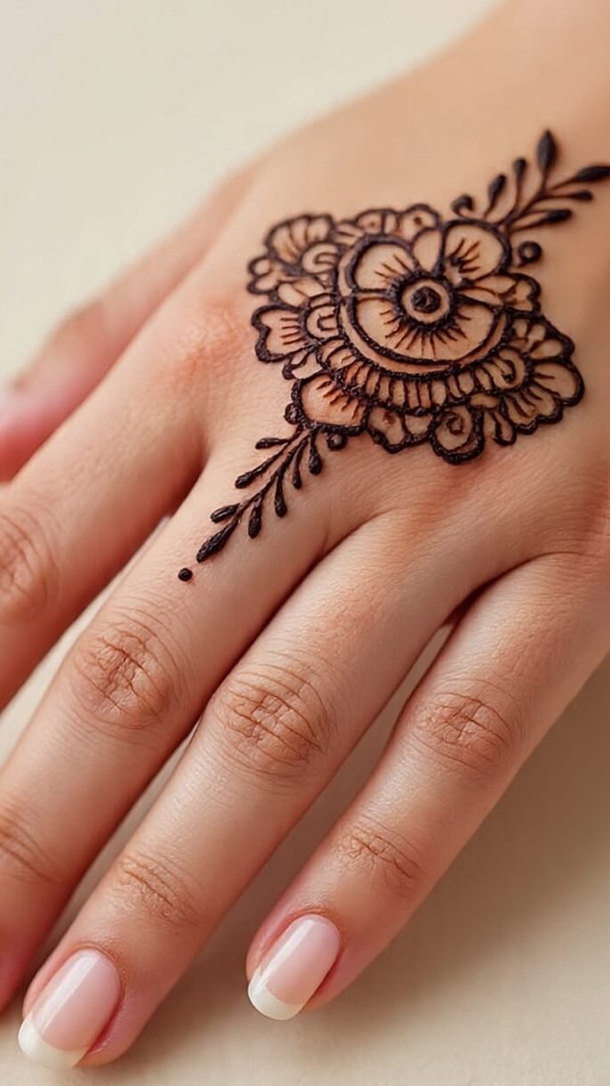 Simple floral mehndi design for beginners on front hand