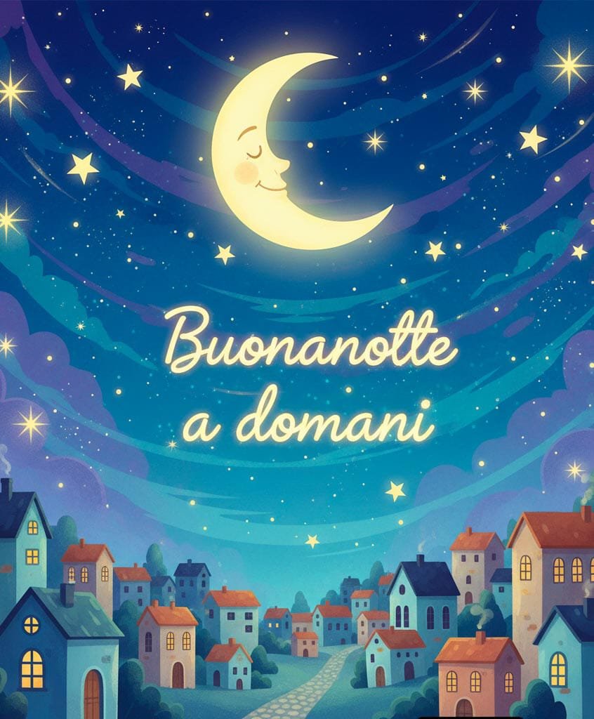 Sopra un villaggio con casette colorate c’è un cielo magico blu scuro, con grandi stelle brillanti e una mezzaluna sorridente. È scritto “Buona notte