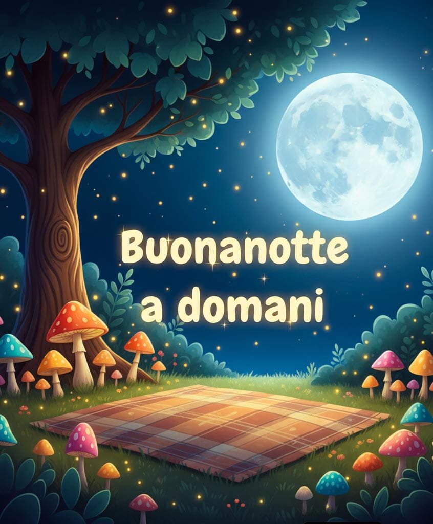 In una foresta, sotto la luna piena, c’è un tappeto da picnic steso, con funghi colorati intorno e un grande albero. Sopra è scritto: “Buona notte, a domani”