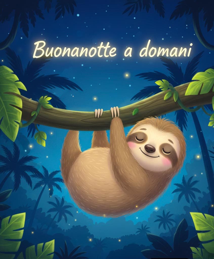 Un tenero bradipo appeso al ramo della foresta, con il messaggio luminoso “Buonanotte a domani