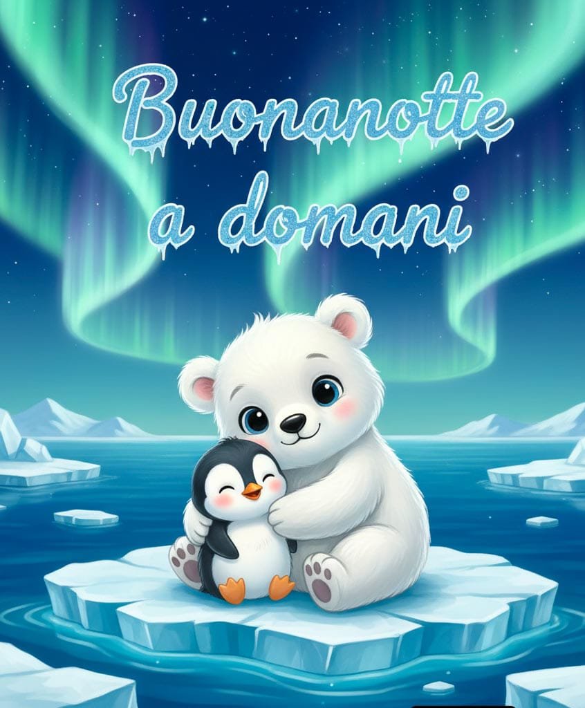 Un dolce orso polare abbraccia un piccolo pinguino su un blocco di ghiaccio. Sopra brillano le luci verdi dell’aurora e c’è scritto: “Buona notte, a domani