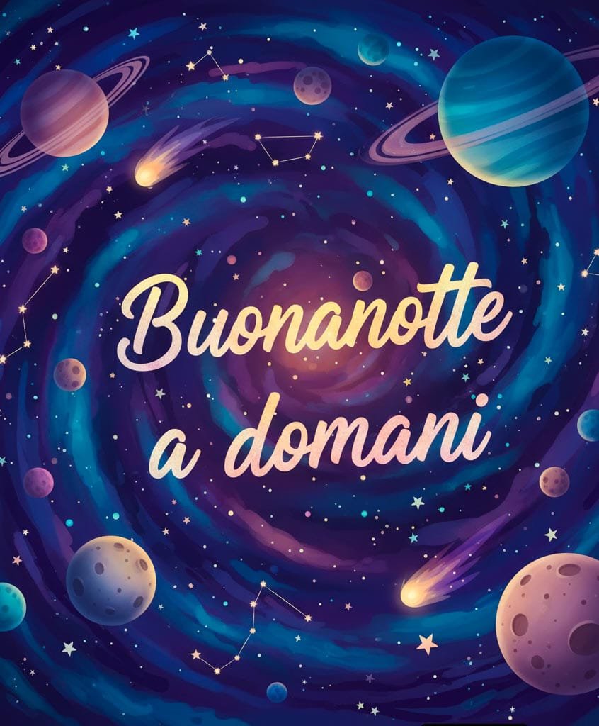Pianeti e comete che brillano in una galassia a spirale. Messaggio italiano di buonanotte in uno spazio blu scuro e viola

