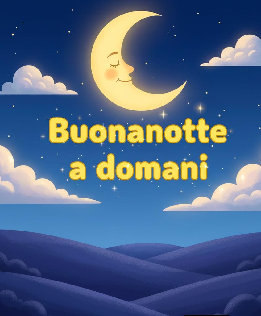 La luna sorridente brilla nel cielo notturno sopra le nuvole e le colline. È scritto: “Buona notte, a domani”