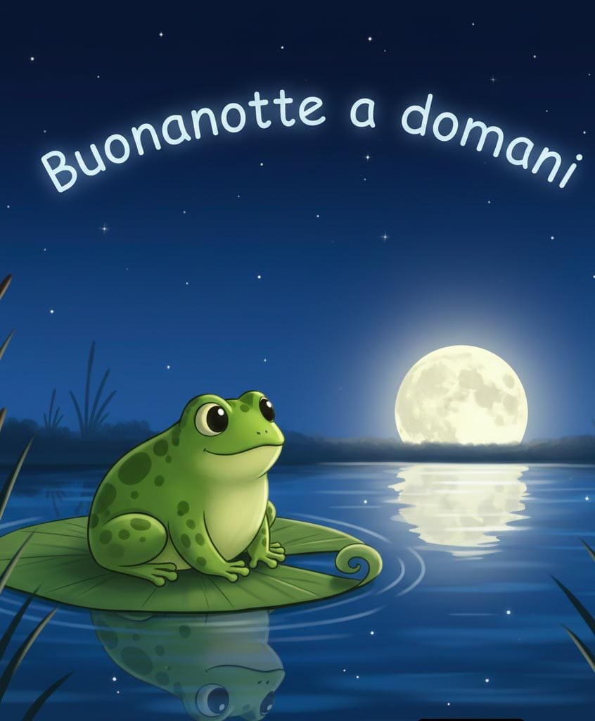 Una bella rana verde è seduta su una foglia di loto, davanti al riflesso della luna piena sull’acqua di notte. Sopra è scritto: “Buona notte, a domani”
