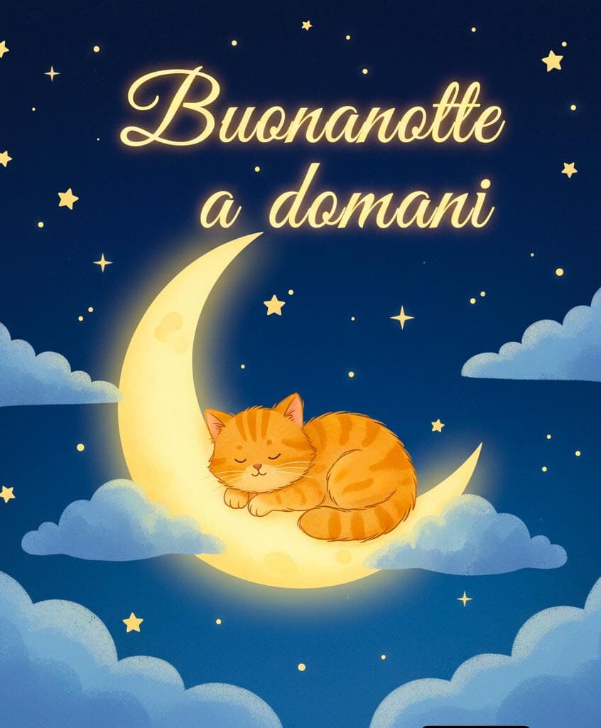 Un gattino arancione che sonnecchia sulla luna tra le nuvole. Dolce immagine con “Buonanotte a domani
