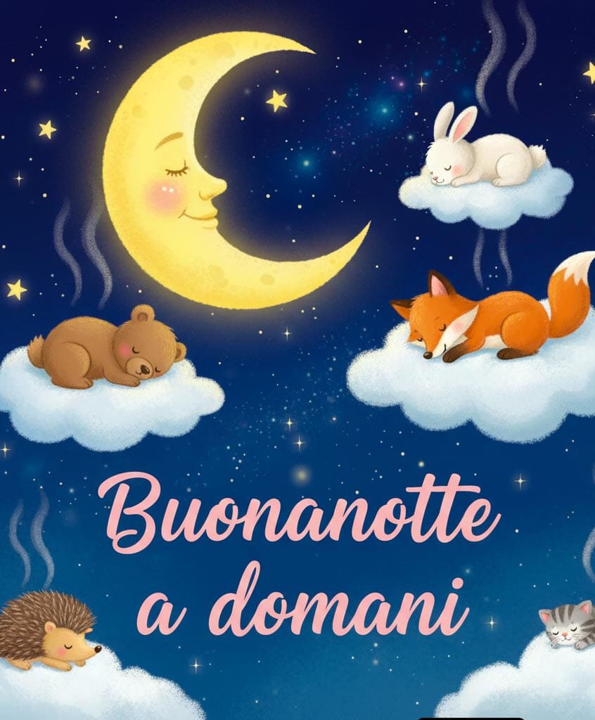 Sotto una luna sorridente, un orso, una volpe e un coniglio dormono su una nuvola. Sotto c’è un gattino e c’è scritto: “Buona notte, a domani