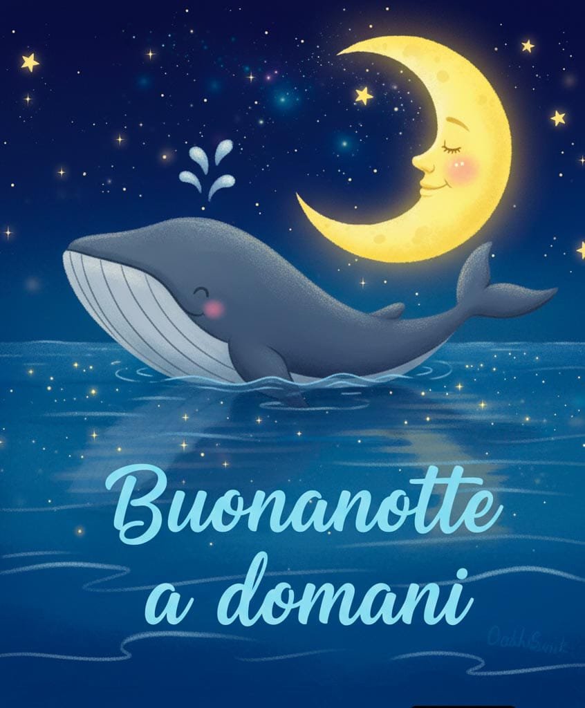 Una balena felice nel mare stellato e una luna sorridente. Messaggio di “Buonanotte a domani” per bambini