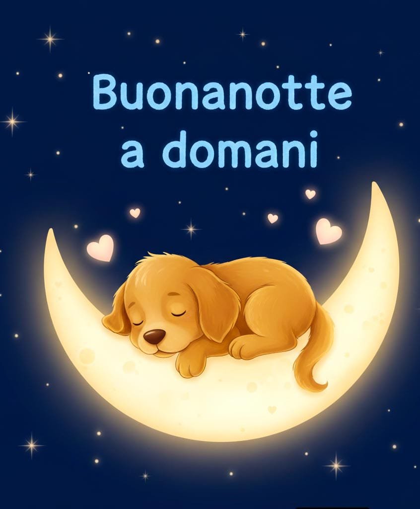 Un cucciolo di Golden Retriever che dorme sulla mezza luna con un cuoricino. Dolce immagine “Buonanotte a domani