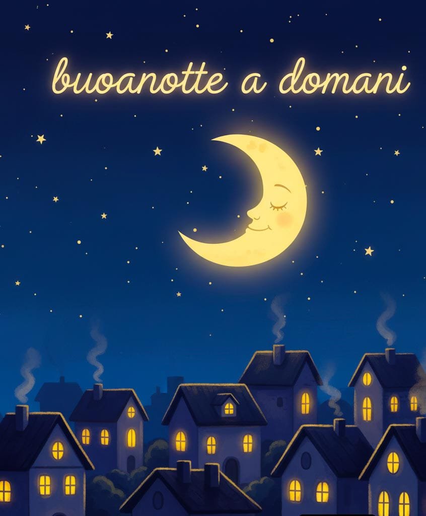 Un villaggio con piccole case dalle finestre illuminate, e sopra nel cielo notturno c’è una luna sorridente. Sopra è scritto: “Buona notte, a domani