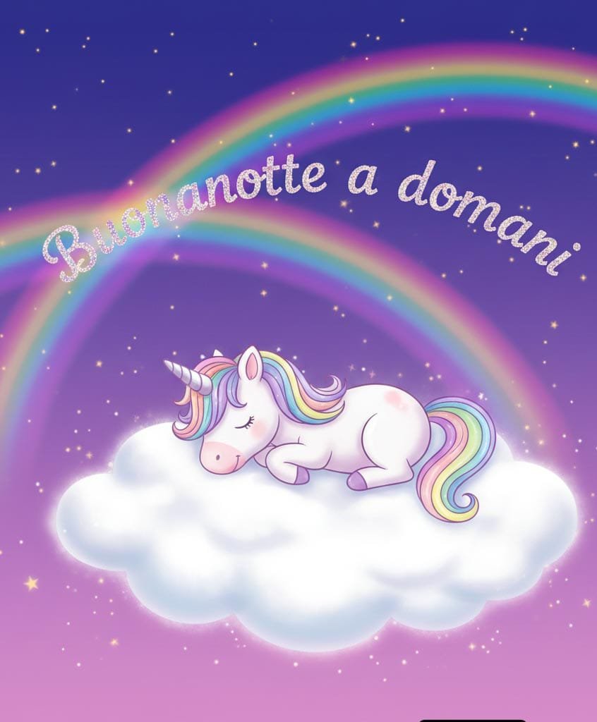 Nel cielo viola pieno di stelle, un unicorno bianco con la coda arcobaleno dorme su una nuvola luminosa. Testo Buonanotte