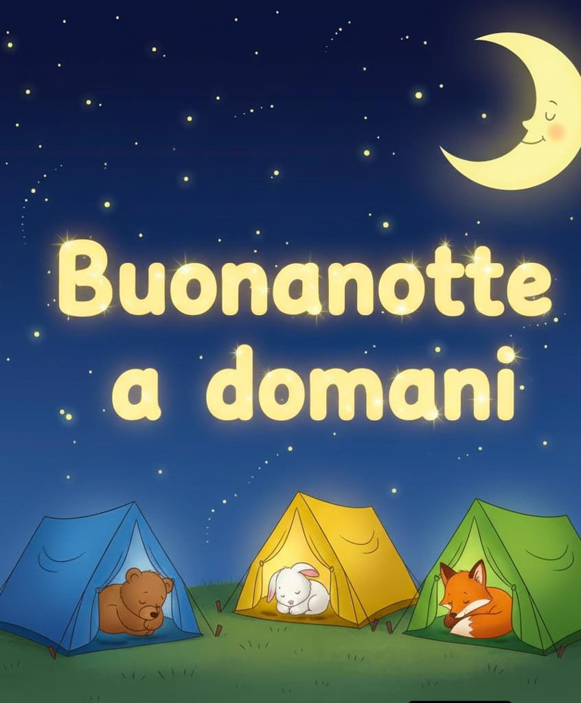 Di notte, in tre tende dormono un orso, un coniglio e una volpe. Sopra c’è una luna sorridente e luminosa che dice dolcemente: “Buona notte, a domani