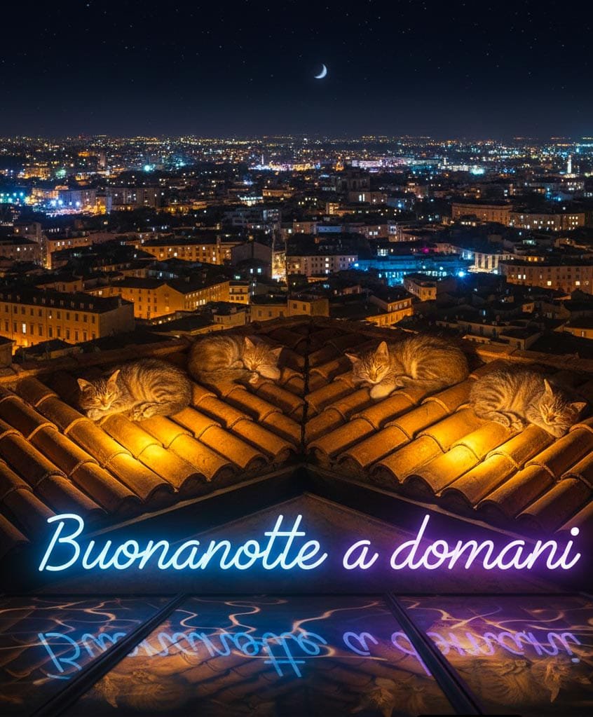 Gatti che riposano sul tetto sopra la città, con la scritta al neon “Buonanotte a domani