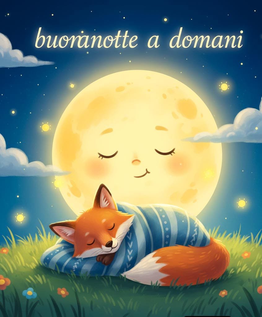Una dolce volpe che dorme sull’erba con una coperta blu, davanti alla luna gialla