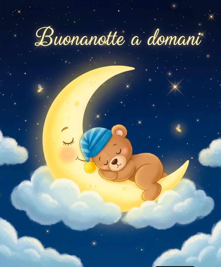 In una foresta magica ci sono grandi funghi viola e arancioni luminosi, con sopra la scritta dorata “Buona notte