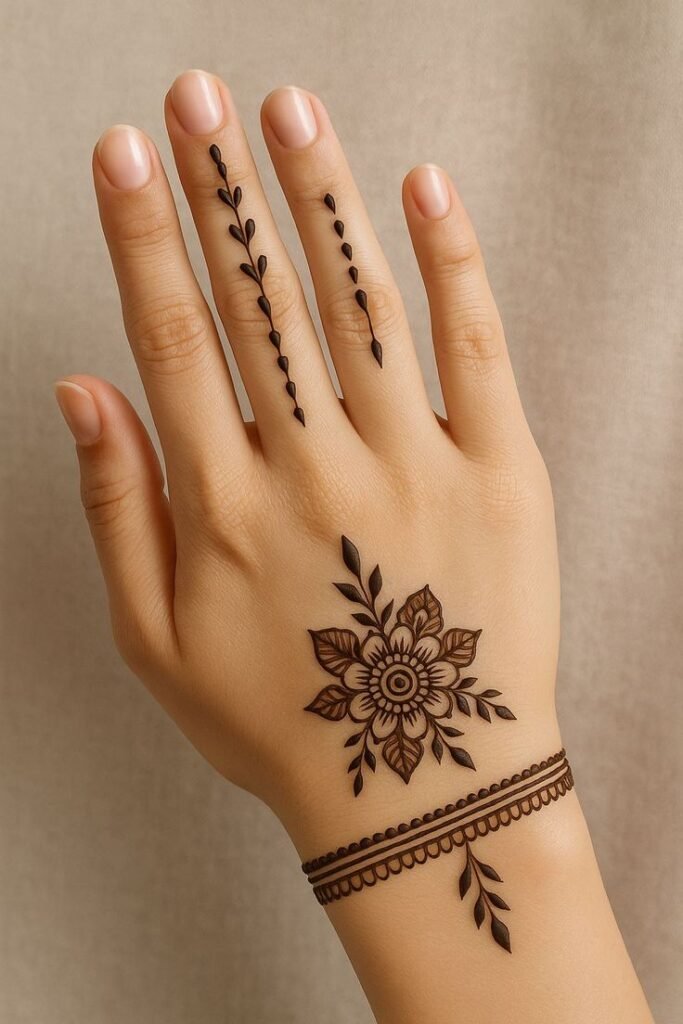 Front hand royal mehndi with diamond shapes