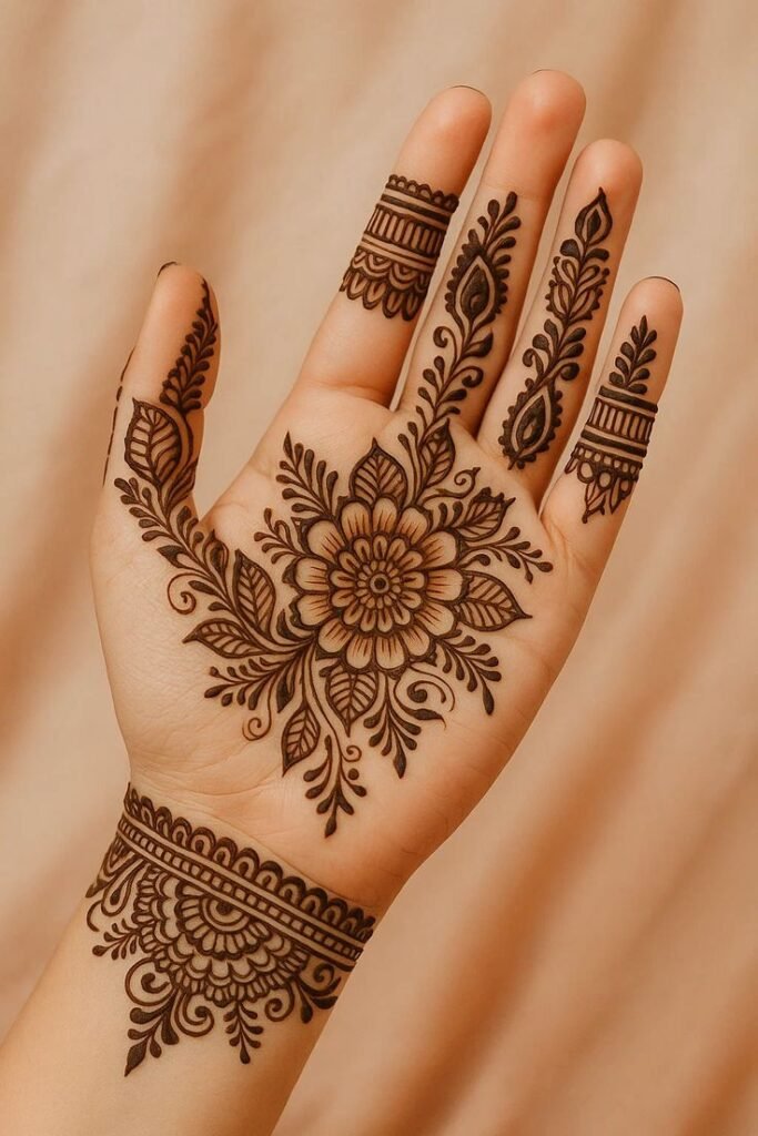 Front hand royal mehndi with modern floral touch