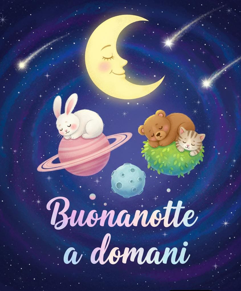 In una galassia a spirale ci sono pianeti e comete che brillano. Nel cielo blu scuro e viola c’è il messaggio: Buonanotte