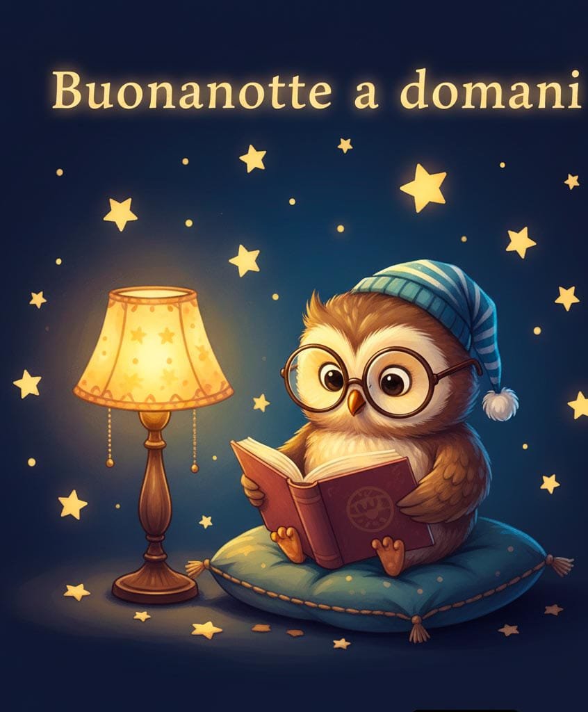 Un dolce gufo con gli occhiali e il cappello da notte sta leggendo un libro alla luce di una lampada da tavolo. Sopra è scritto: “Buona notte, a domani”.