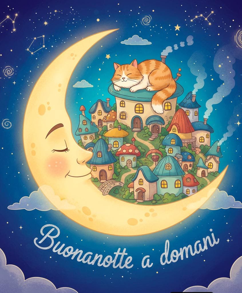 Un gattino arancione birichino è seduto sopra un piccolo villaggio colorato, insieme a una luna sorridente nel cielo notturno. Sopra è scritto: “Buona notte, a domani