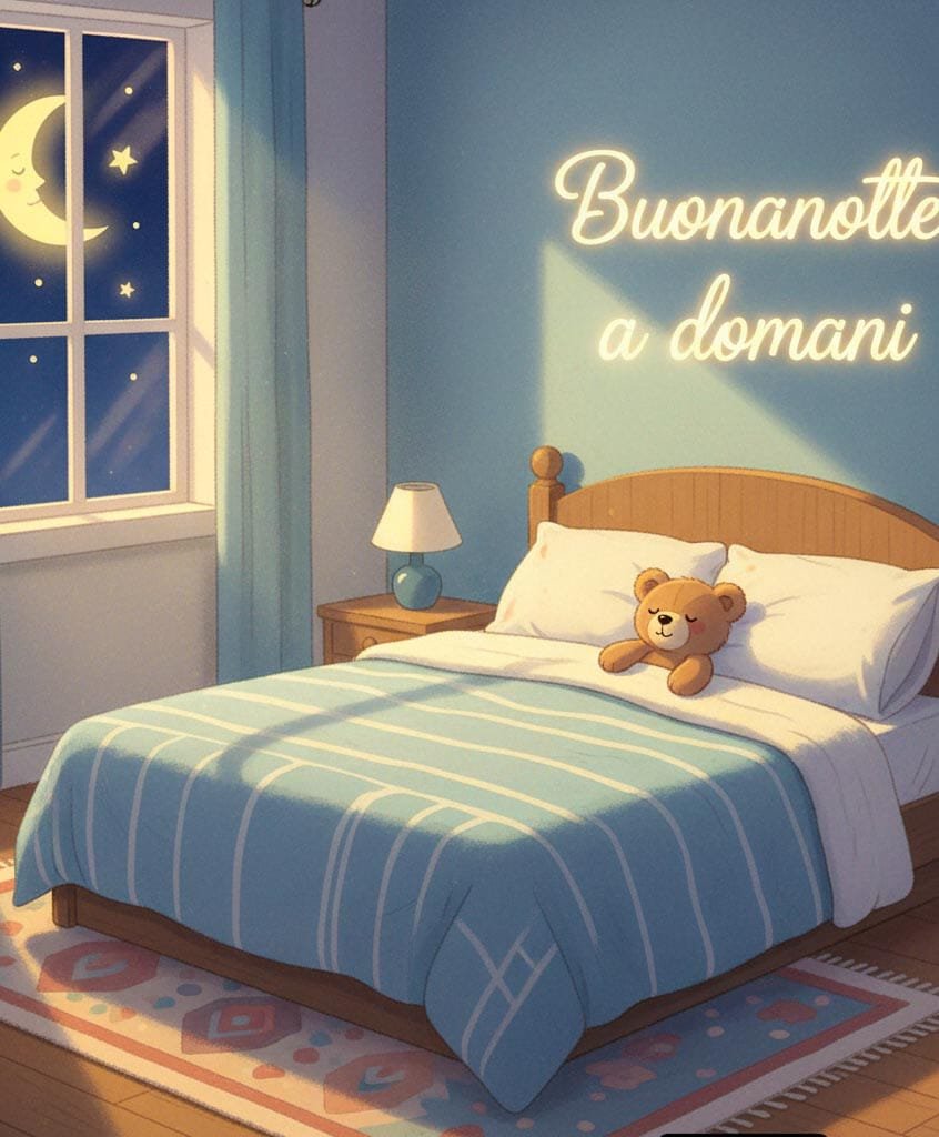 Un dolce orsacchiotto con un cappello blu dorme profondamente su una nuvola e una luna luminosa e sorridente. Sopra è scritto “Buona notte, a domani