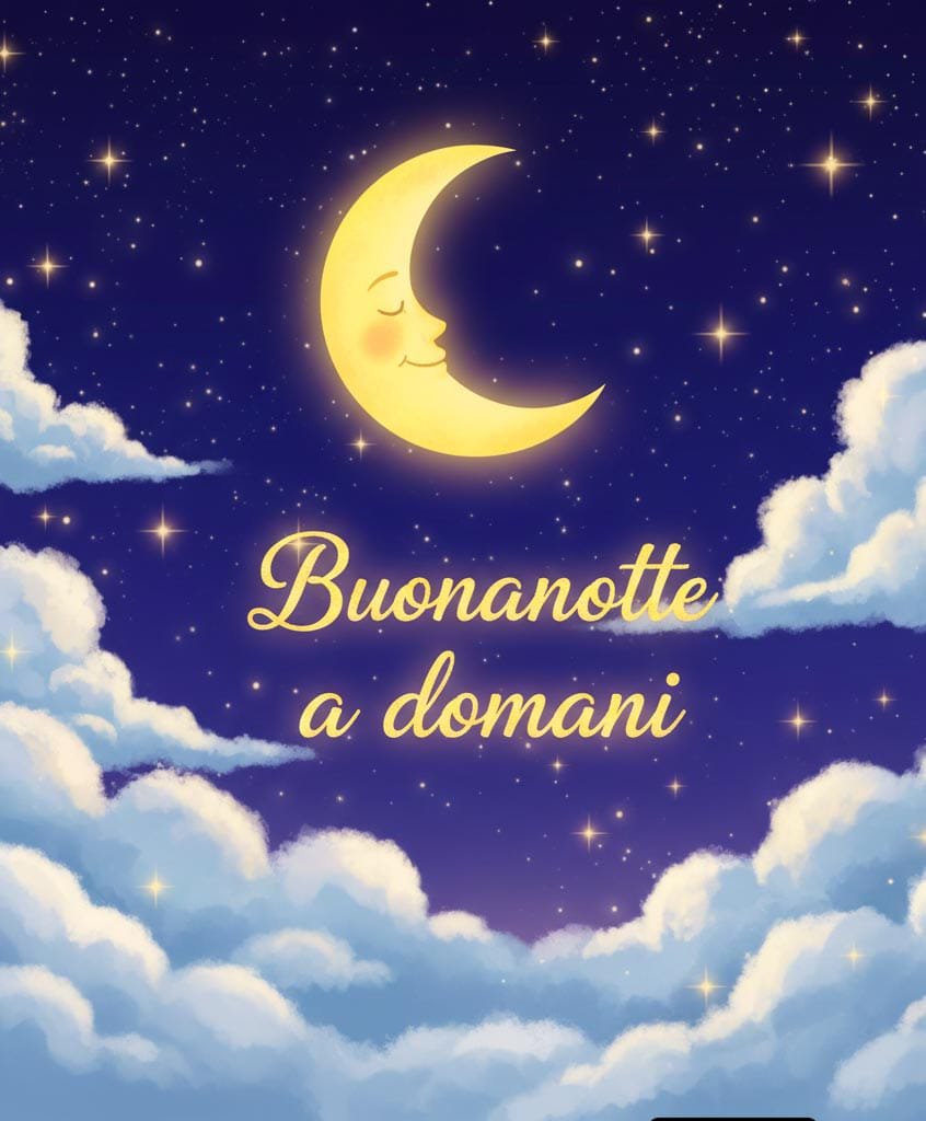 Una dolce luna con soffici nuvole bianche e un messaggio di buona notte. Buonanotte a domani