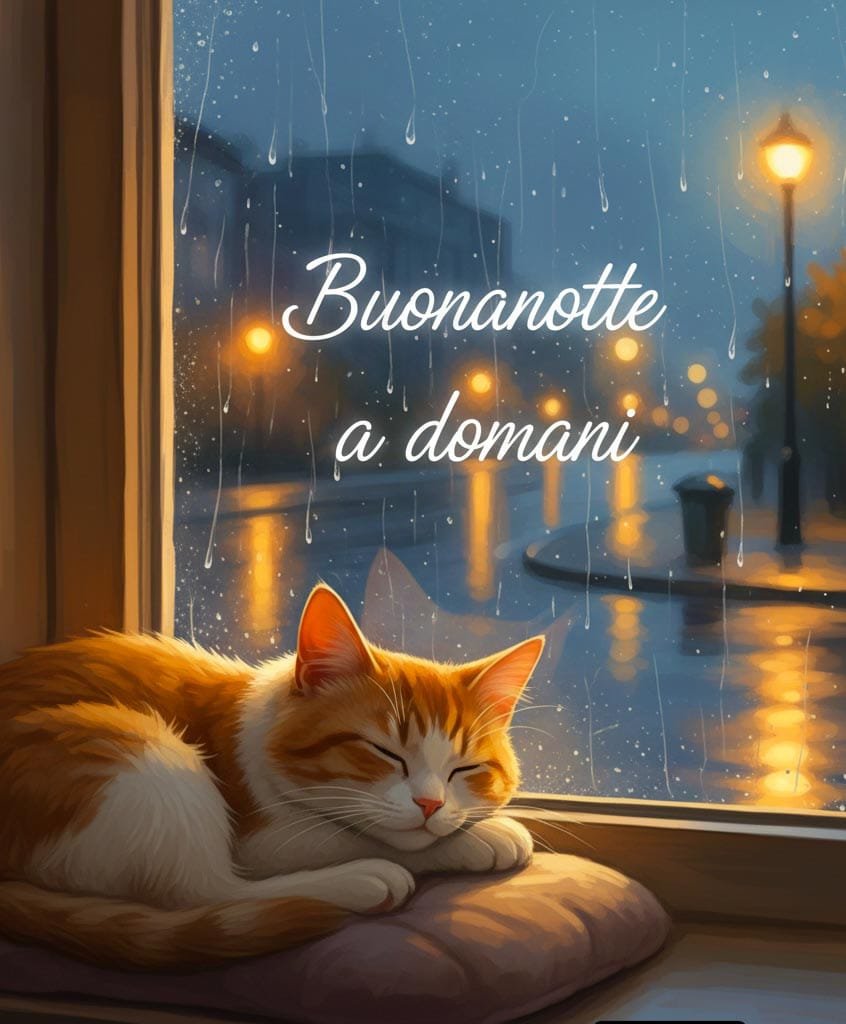 Un gatto arancione guarda la pioggia dalla finestra e dorme su un cuscino. Fuori si vedono le luci e c’è scritto: “Buona notte, a domani