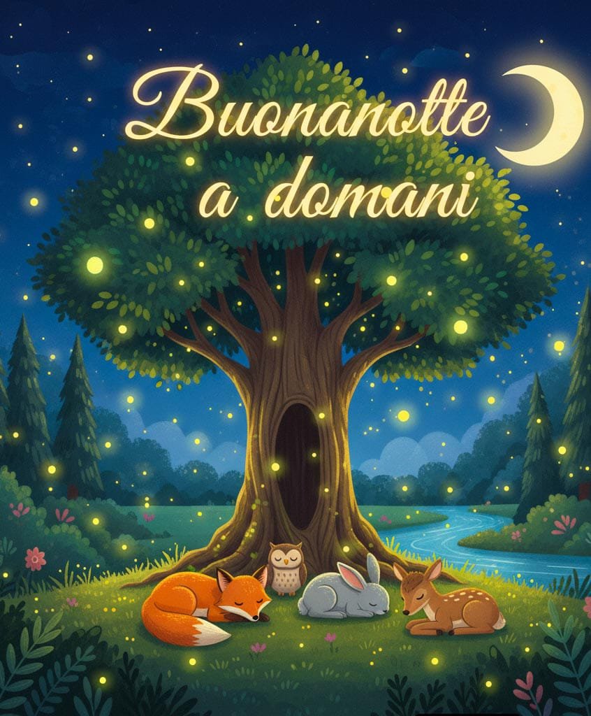 na scena notturna magica. Vicino a un albero dormono una volpe, un coniglio e un cervo, con scritto sopra “Buona notte, ci vediamo domani