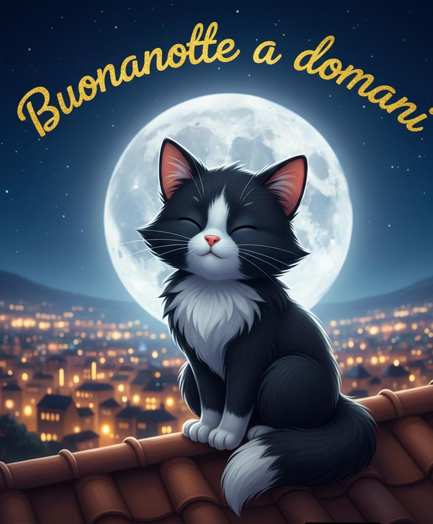 Un gatto bianco e nero è seduto guardando l’orizzonte della città illuminata di notte. Sopra è scritto Buonanotte a domani