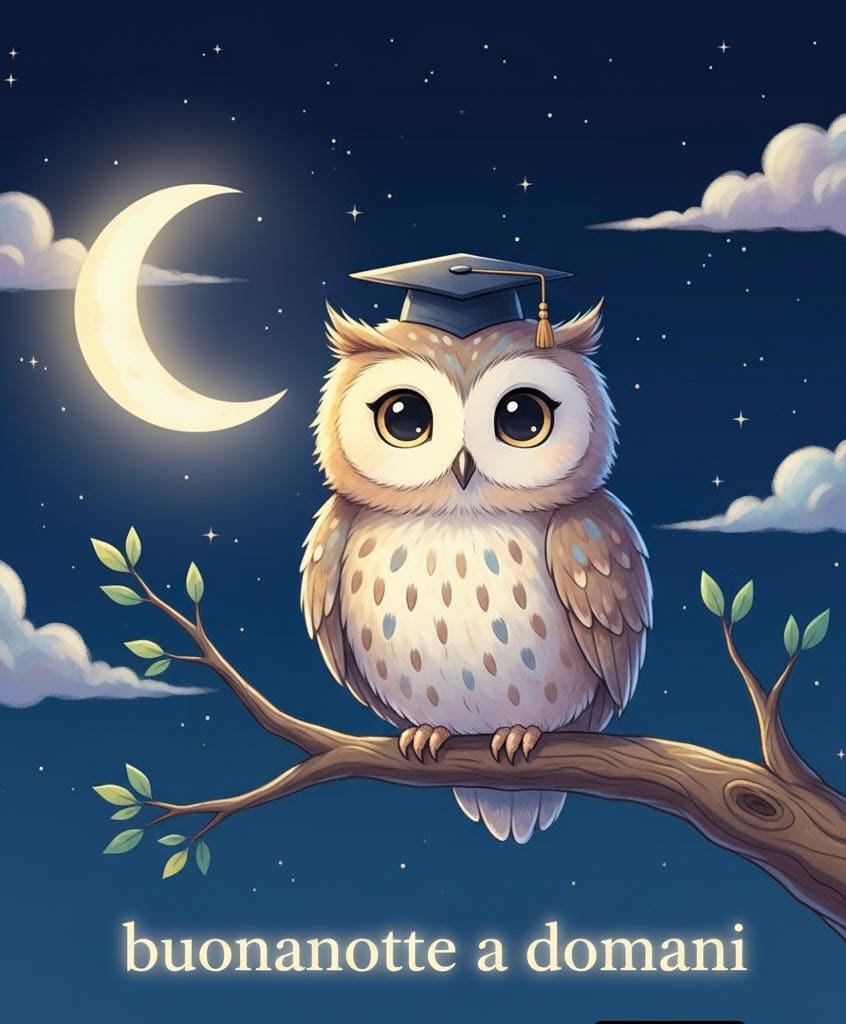 Un dolce gufo dagli occhi grandi, con il cappello da laurea, seduto su un ramo d’albero alla luce della luna nella notte