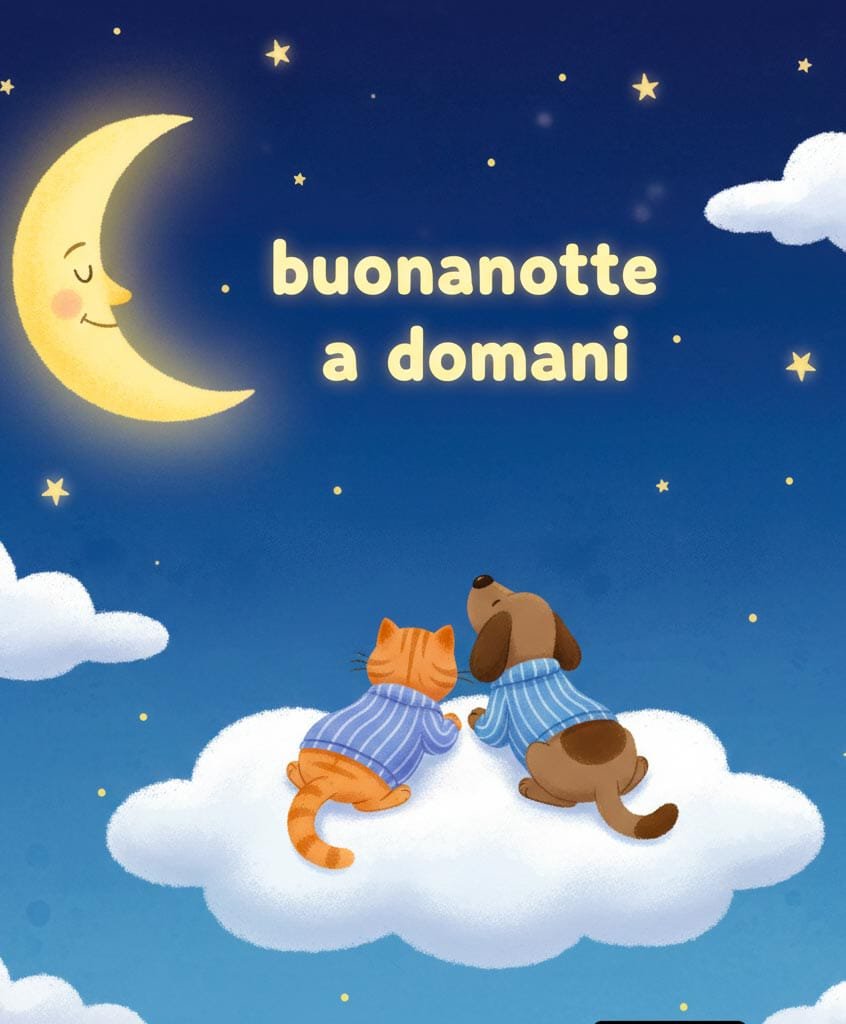 Due dolci animali domestici (un gatto e un cane) sono seduti insieme sulle nuvole, guardando una mezzaluna sorridente. Sopra è scritto Buonanotte a domani