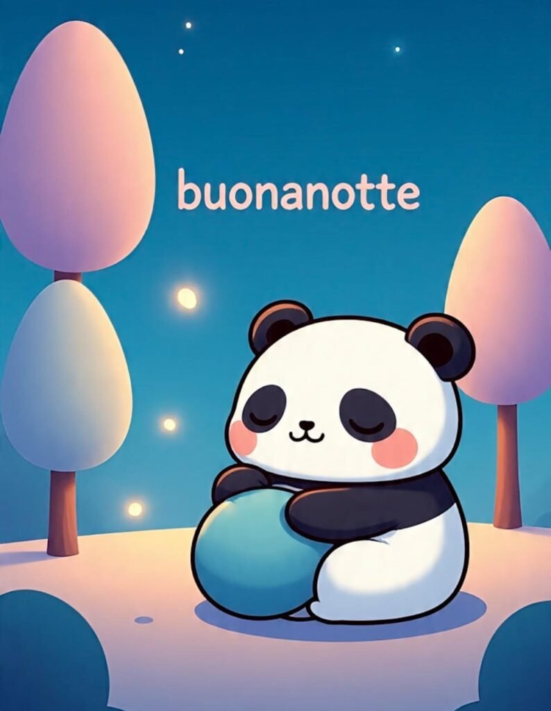 Un dolce panda tiene una palla tra le zampe, circondato da alberi rosa. Sopra è scritto “buonanotte