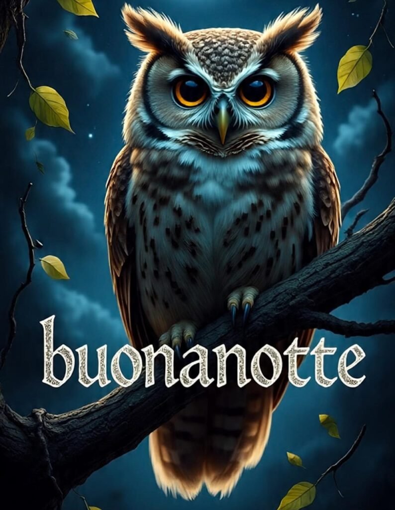 Un gufo è seduto su un ramo, con i grandi occhi luminosi. In basso è scritto “buonanotte