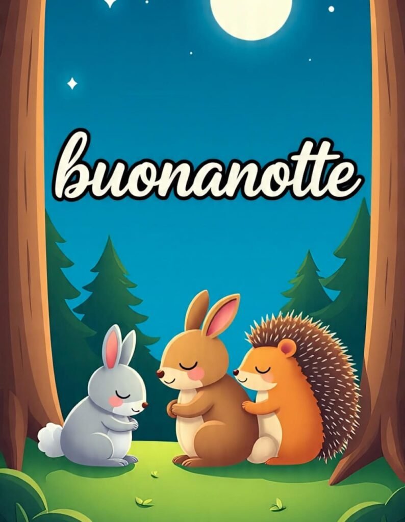 Nella foresta, due conigli e un riccio si abbracciano sotto la scritta “buonanotte