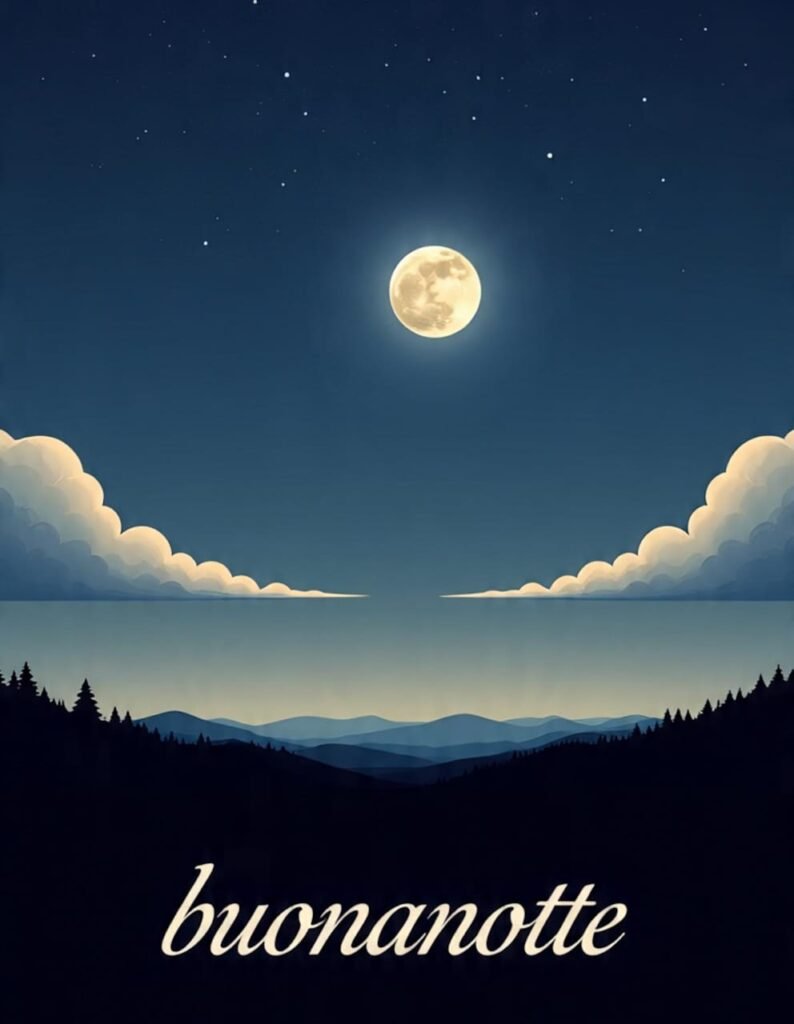 Un bellissimo panorama notturno con la luna piena che splende sopra le colline e le nuvole. In basso è scritto “buonanotte”.