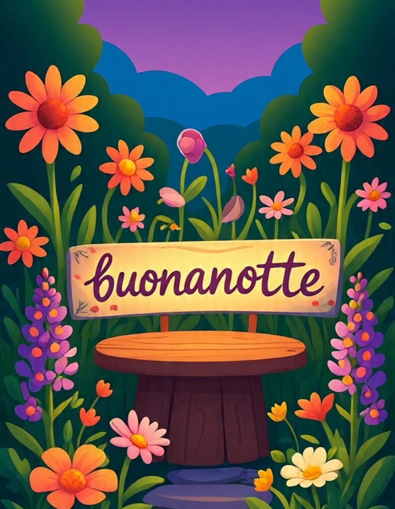 In un giardino pieno di fiori colorati c’è un tavolo di legno con un cartello che dice buonanotte