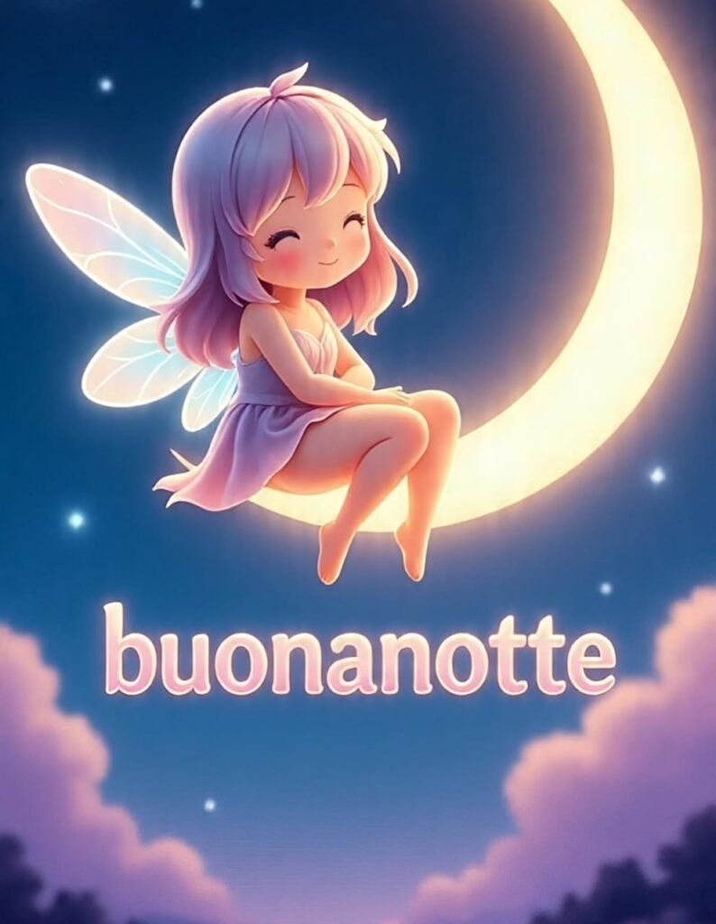 Una piccola bambina è seduta sulla luna. Sopra è scritto “buonanotte”.