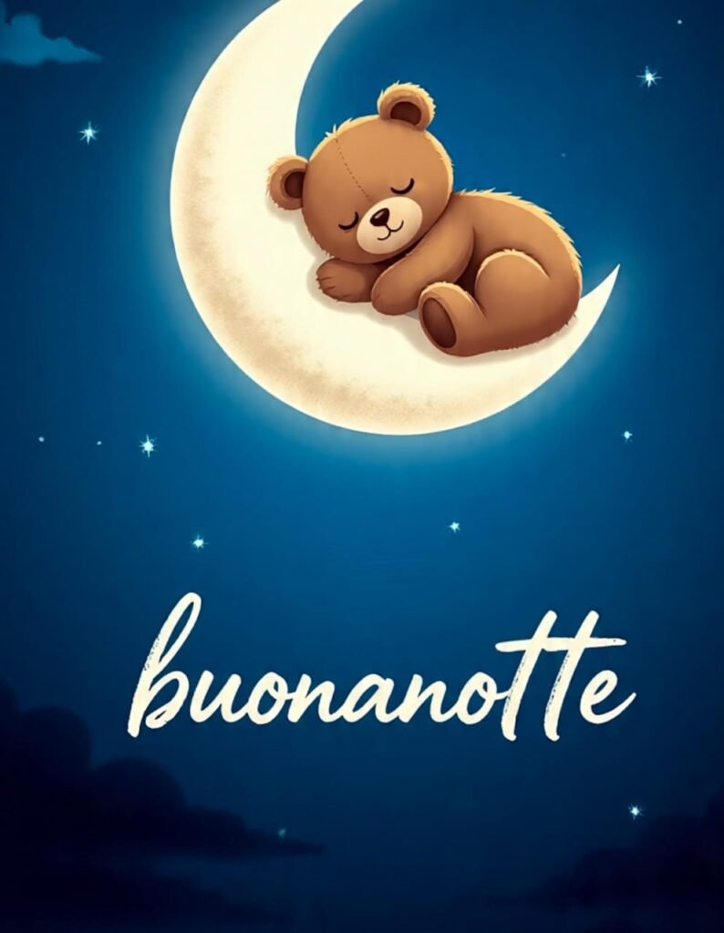 Un tenero orsetto di peluche dorme serenamente sulla luna a mezzaluna luminosa nel cielo blu stellato.
