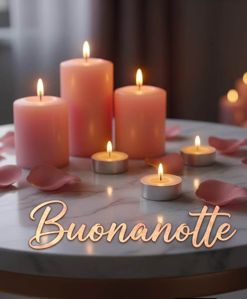 Quattro candele e fiori di rosa con scritto buonanotte.