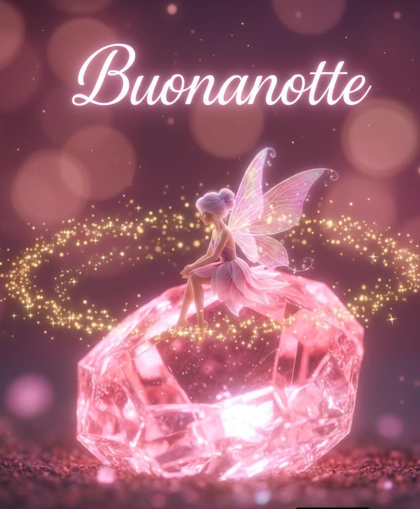 n una pietra di diamante rosa una fata è seduta e sopra è scritto buonanotte