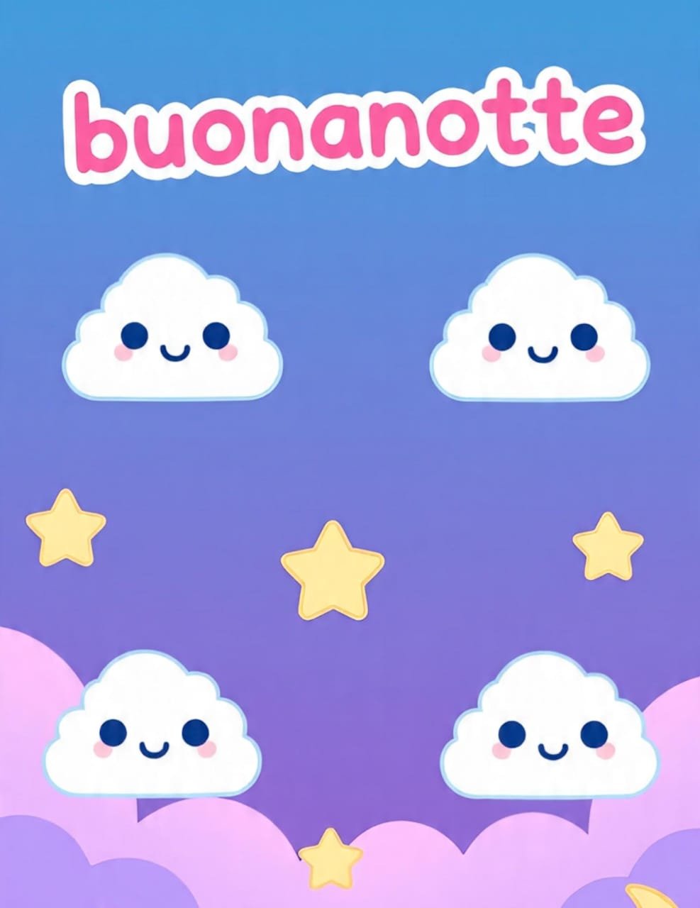Un dolce cielo blu e viola con nuvolette carine e stelle gialle. In alto è scritto buonanotte