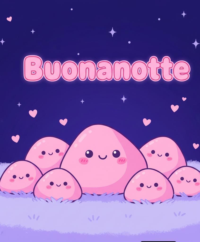 Una pietra rosa dei cartoni animati sorride e dà un messaggio di buonanotte