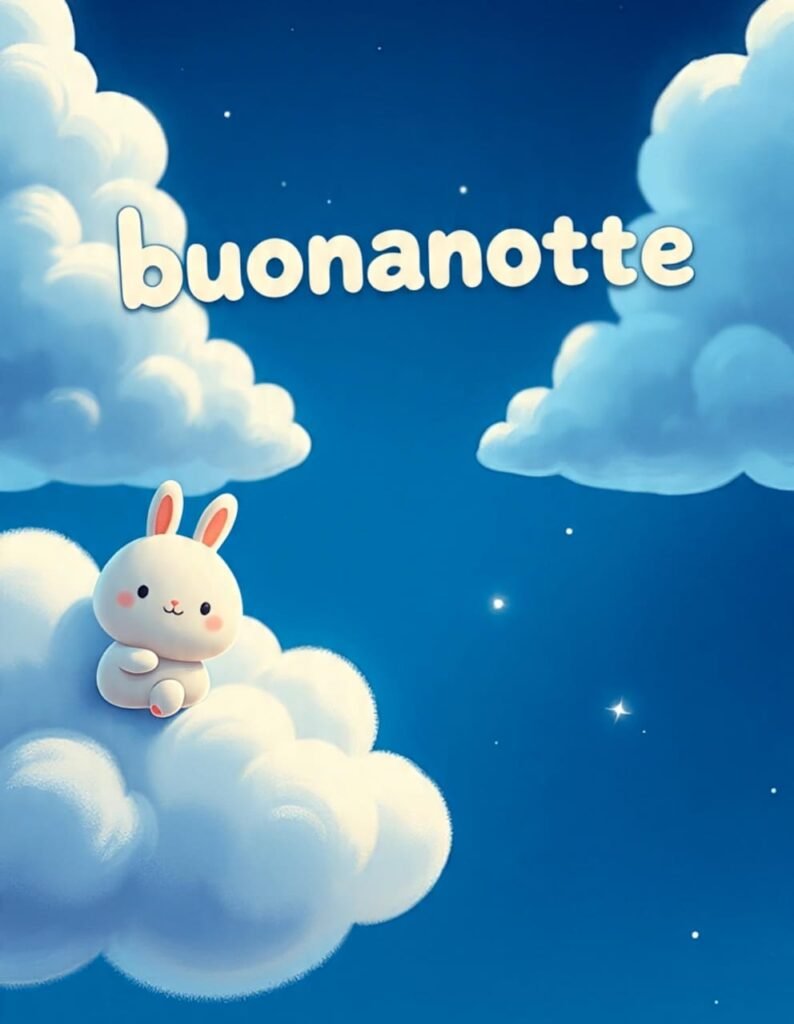 Nel cielo blu, un dolce coniglietto è seduto su una nuvola bianca. Sopra è scritto Buonanotte