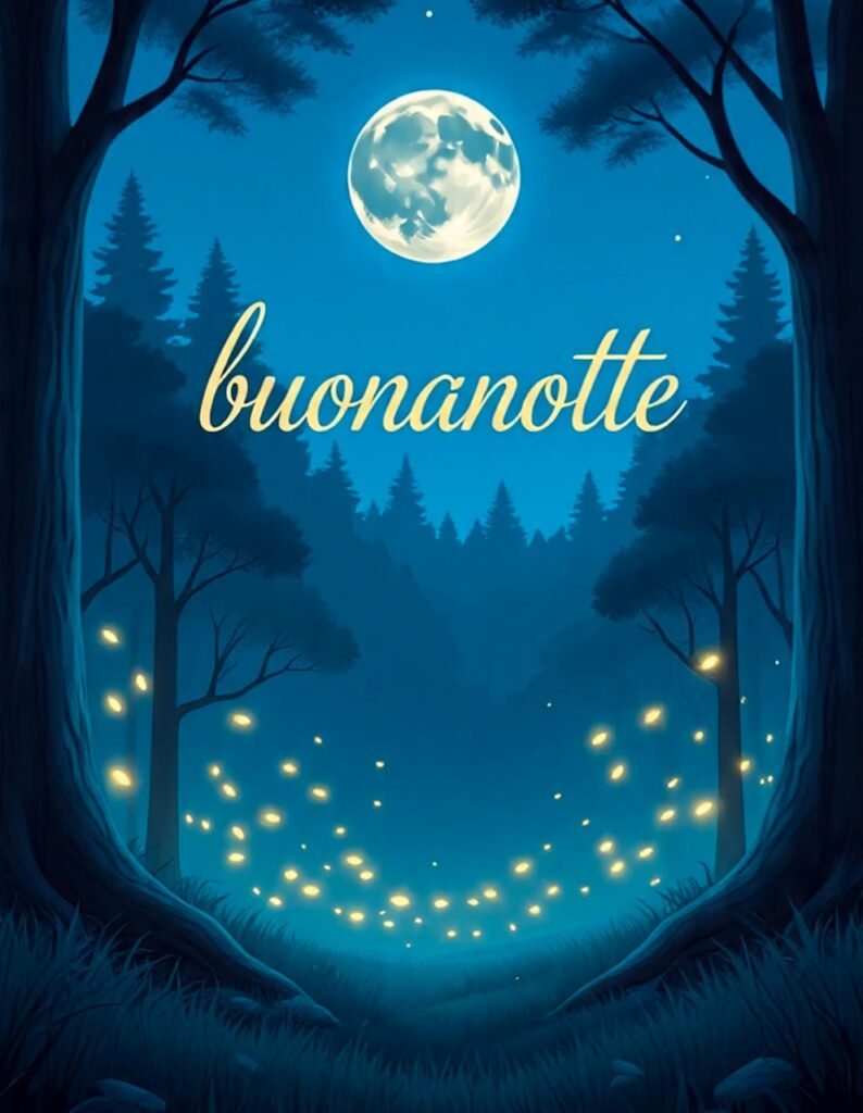 Una splendida scena di luna piena e luci dorate di lucciole nella foresta scura. Tra gli alberi è scritto “buonanotte” in colore dorato.