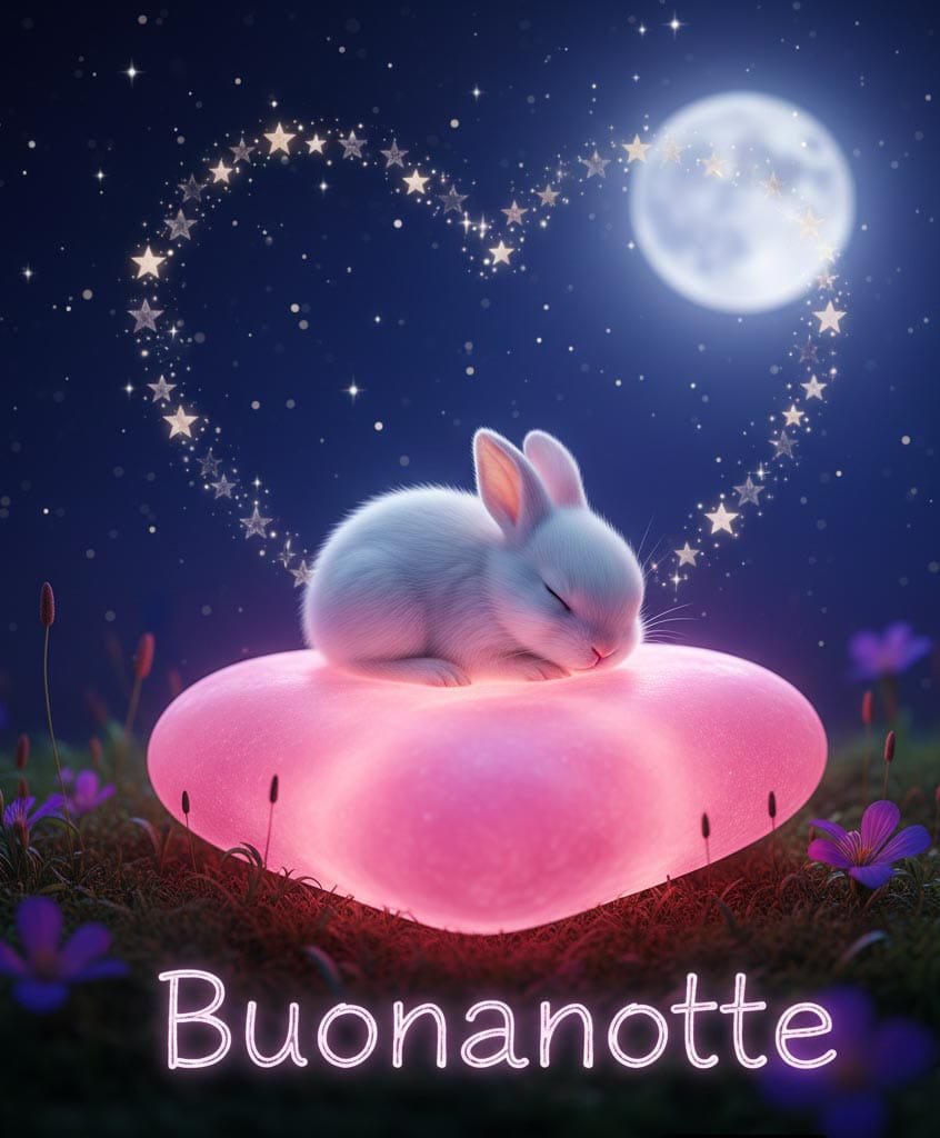 Un coniglio di notte seduto sul cuore con sfondo naturale e scritto buonanotte.