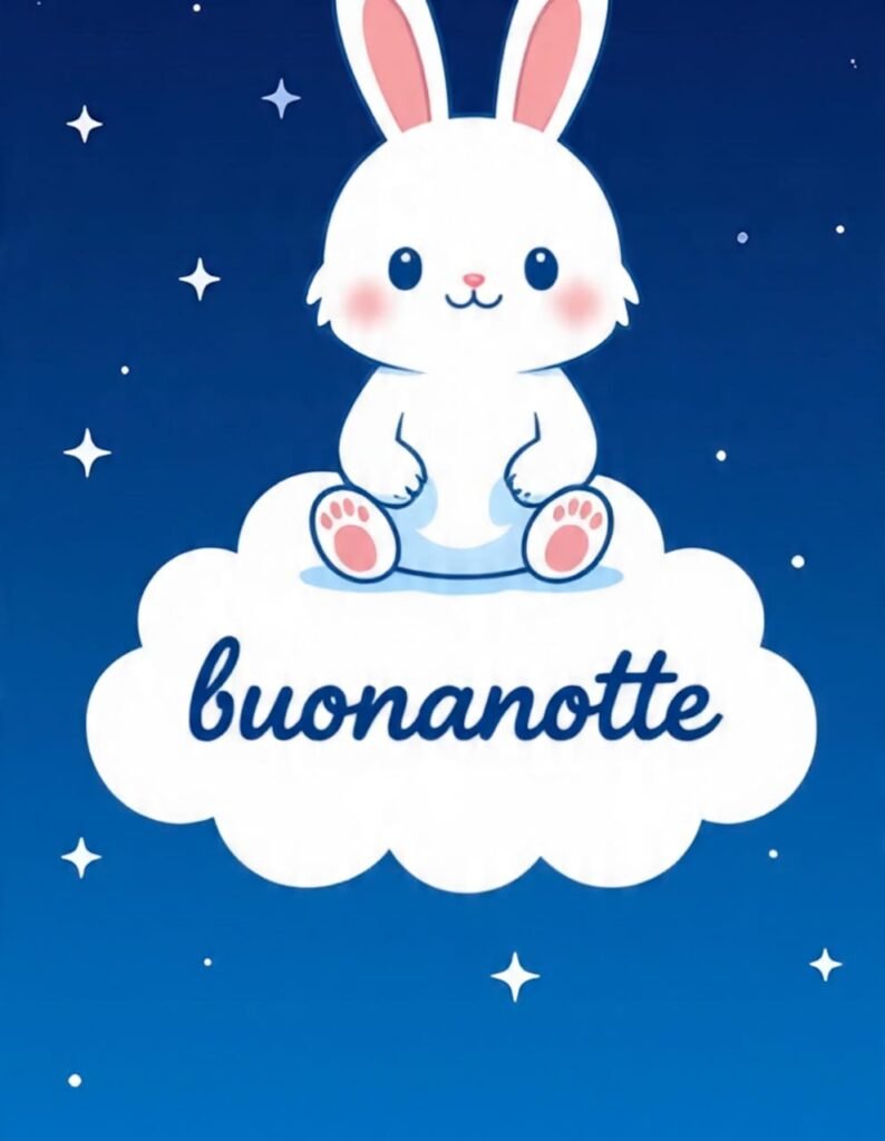 Nel cielo blu stellato, un dolce coniglietto bianco è seduto su una nuvola. In basso è scritto “buonanotte