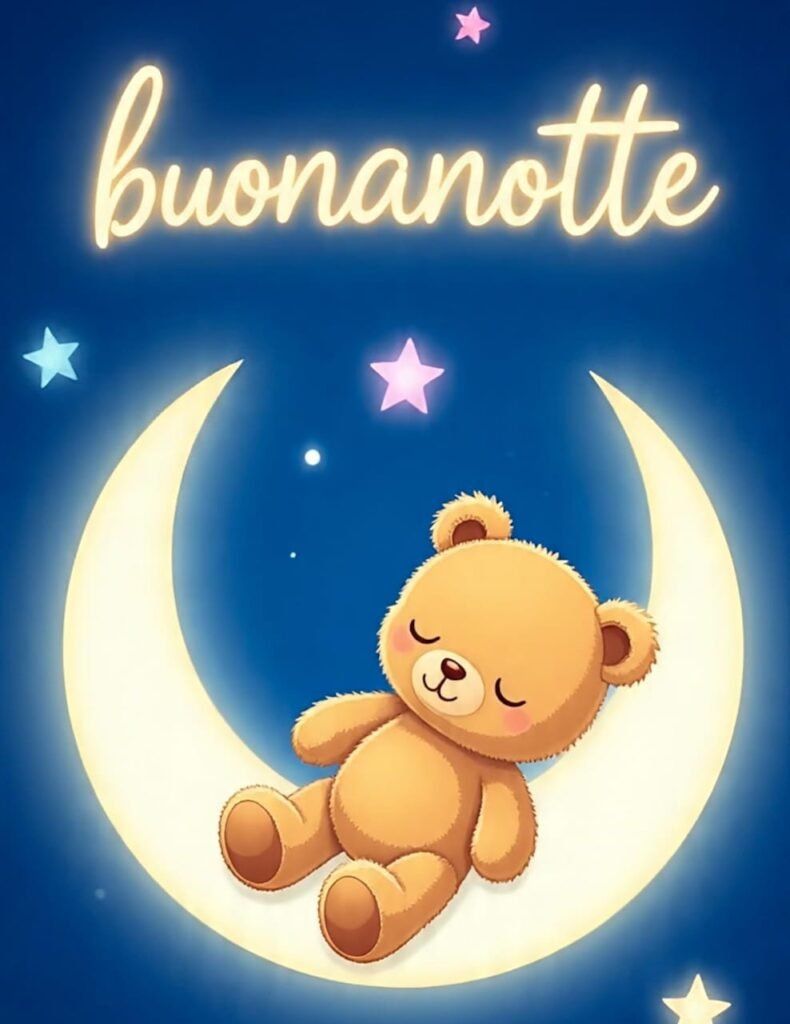 Nel cielo notturno, un orsetto di peluche dorme serenamente sulla luna luminosa con un dolce sorriso