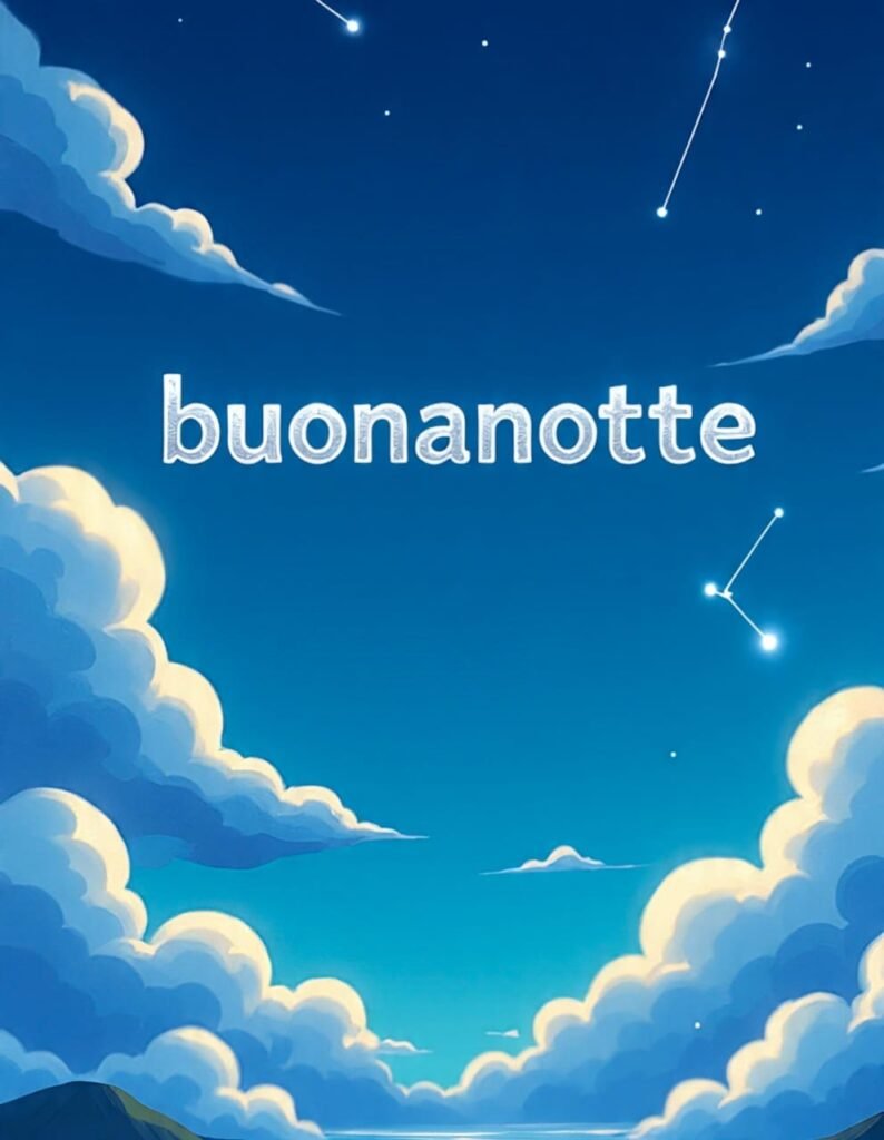 Cielo blu con nuvole e stelle/meteore. Al centro è scritto “buonanotte